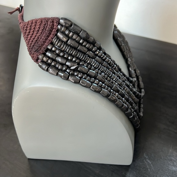 Black Dark Brown Wood Beaded Necklace 8 Strand Rounded Crochet Side Details - Picture 6 of 12